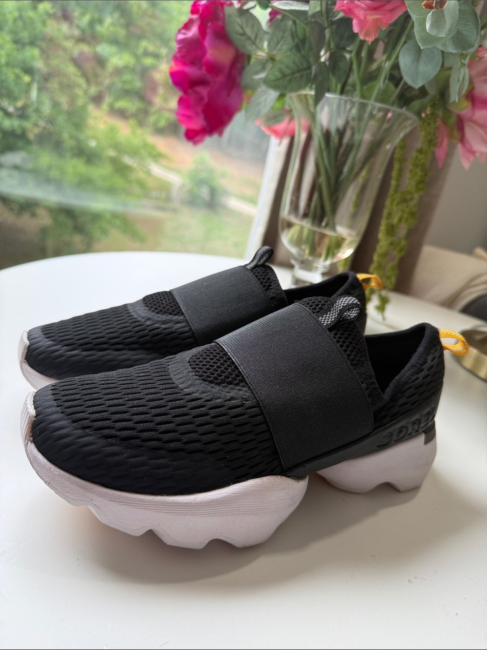 Sorel Black Slip-On Knit Sneakers with White Sole